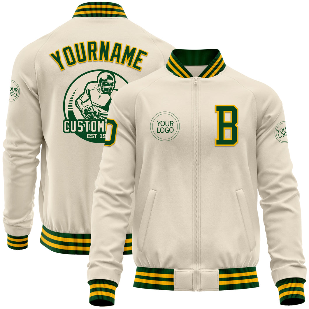 Custom Cream Green-Gold Bomber Varsity Letterman Zipper Jacket