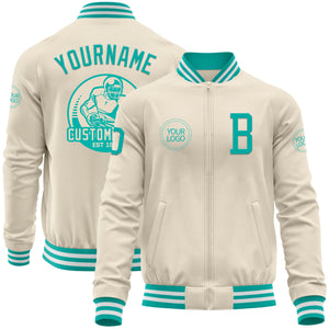 Custom Cream Aqua-White Bomber Varsity Letterman Zipper Jacket