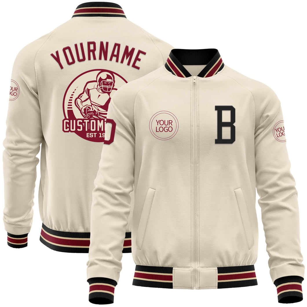 Custom Cream Crimson Black-City Cream Bomber Varsity Letterman Zipper Jacket