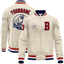 Load image into Gallery viewer, Custom Cream Red Navy-White Bomber Varsity Letterman Zipper Jacket
