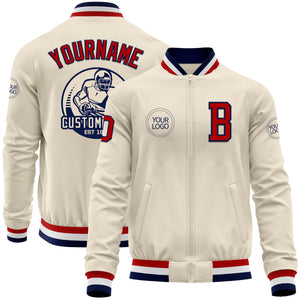 Custom Cream Red Navy-White Bomber Varsity Letterman Zipper Jacket