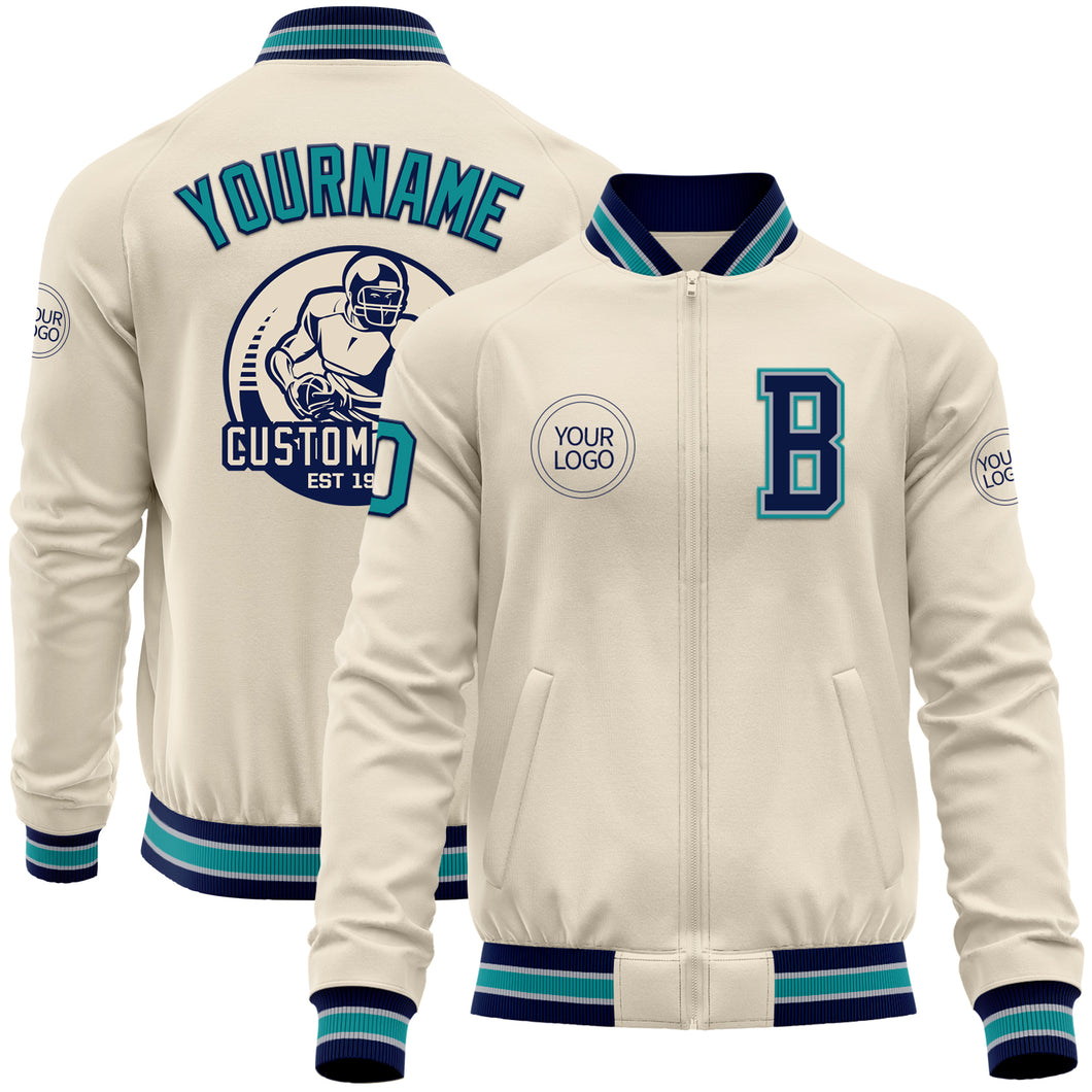 Custom Cream Teal Navy-Gray Bomber Varsity Letterman Zipper Jacket