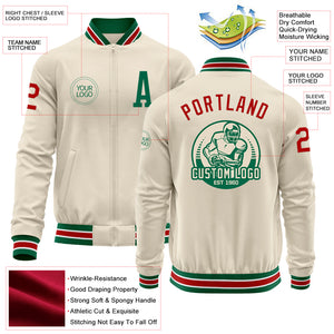 Custom Cream Red Kelly Green-White Bomber Varsity Letterman Zipper Jacket