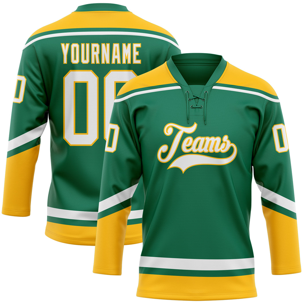 Custom Kelly Green White-Gold Hockey Lace Neck Jersey