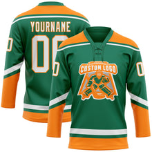 Load image into Gallery viewer, Custom Kelly Green White-Bay Orange Hockey Lace Neck Jersey
