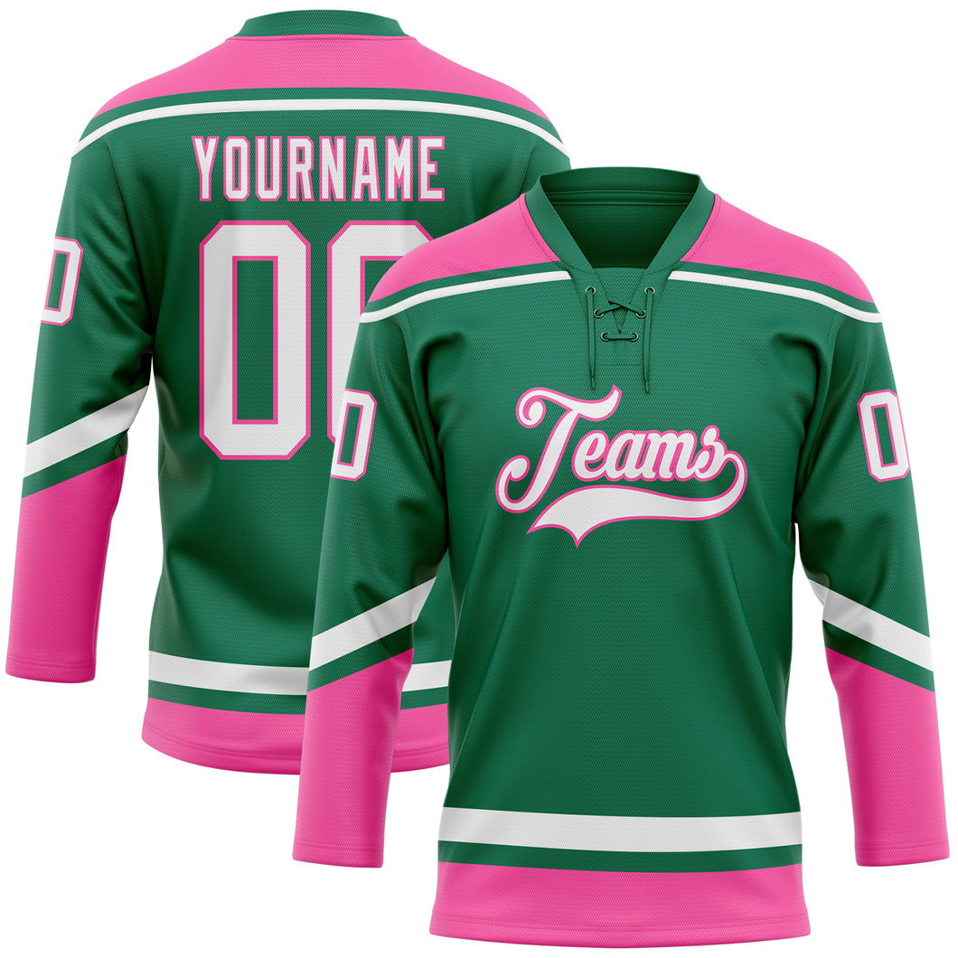 Custom Kelly Green White-Pink Hockey Lace Neck Jersey