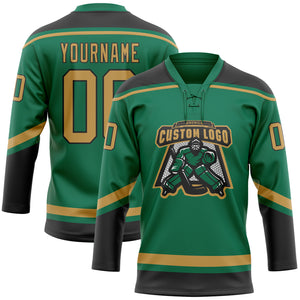 Custom Kelly Green Old Gold-Black Hockey Lace Neck Jersey