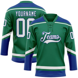 Custom Kelly Green White-Royal Hockey Lace Neck Jersey