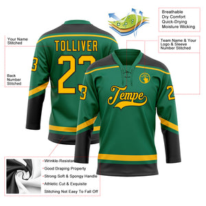 Custom Kelly Green Gold-Black Hockey Lace Neck Jersey