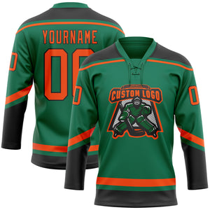 Custom Kelly Green Orange-Black Hockey Lace Neck Jersey