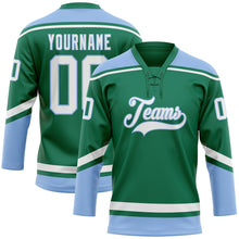 Load image into Gallery viewer, Custom Kelly Green White-Light Blue Hockey Lace Neck Jersey
