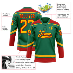 Custom Kelly Green Gold-Red Hockey Lace Neck Jersey