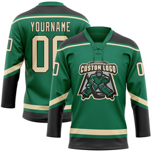 Custom Kelly Green City Cream-Black Hockey Lace Neck Jersey