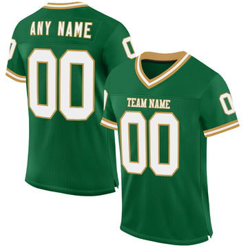 Custom Kelly Green White-Old Gold Mesh Authentic Throwback Football Jersey