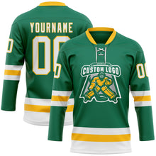 Load image into Gallery viewer, Custom Kelly Green White-Gold Hockey Lace Neck Jersey
