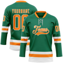 Load image into Gallery viewer, Custom Kelly Green Bay Orange-White Hockey Lace Neck Jersey
