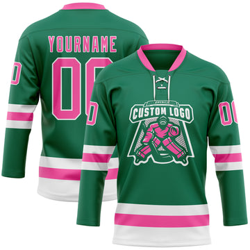 Custom Kelly Green Pink-White Hockey Lace Neck Jersey