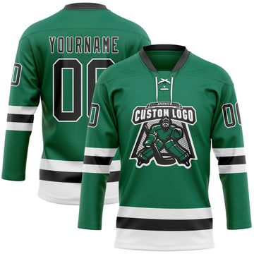 Custom Kelly Green Black-White Hockey Lace Neck Jersey