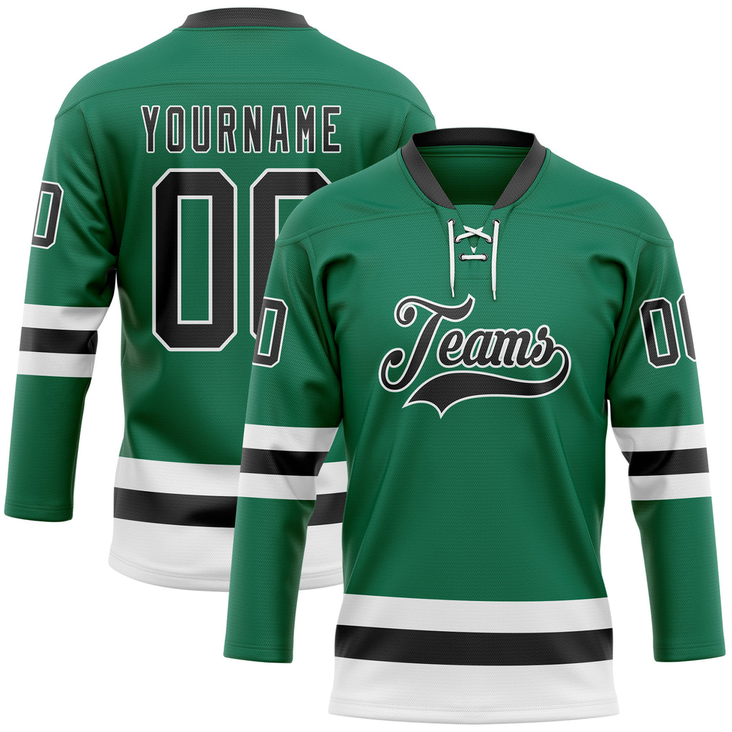 Custom Kelly Green Black-White Hockey Lace Neck Jersey