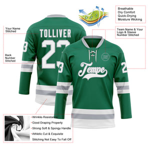 Custom Kelly Green White-Gray Hockey Lace Neck Jersey