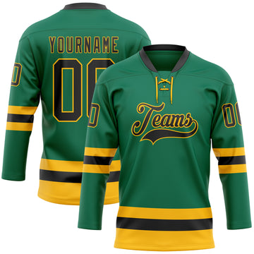 Custom Kelly Green Black-Gold Hockey Lace Neck Jersey