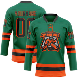 Custom Kelly Green Black-Orange Hockey Lace Neck Jersey