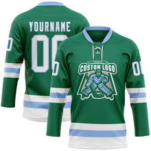 Load image into Gallery viewer, Custom Kelly Green White-Light Blue Hockey Lace Neck Jersey
