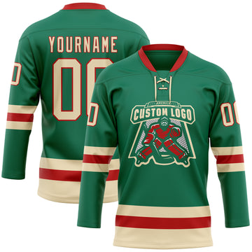 Custom Kelly Green Cream-Red Hockey Lace Neck Jersey