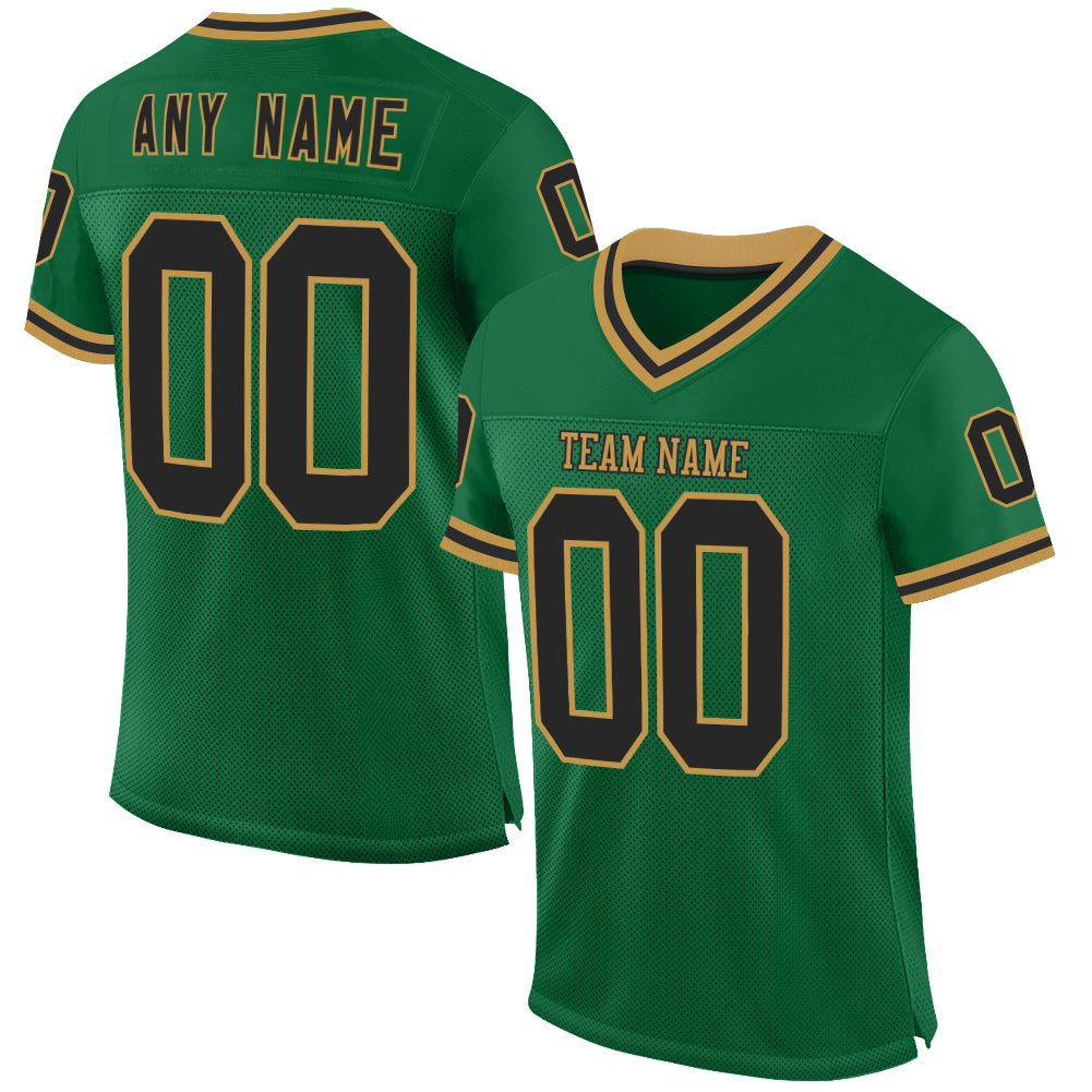 Custom Kelly Green Black-Old Gold Mesh Authentic Throwback Football Jersey