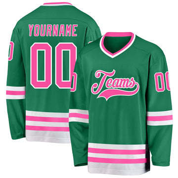 Custom Kelly Green Pink-White Hockey Jersey