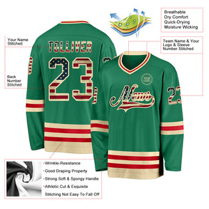 Custom Kelly Green Vintage USA Flag Cream-Red Hockey Jersey