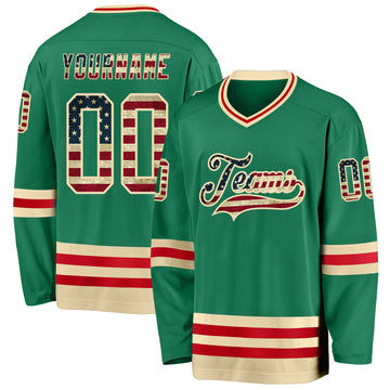 Custom Kelly Green Vintage USA Flag Cream-Red Hockey Jersey