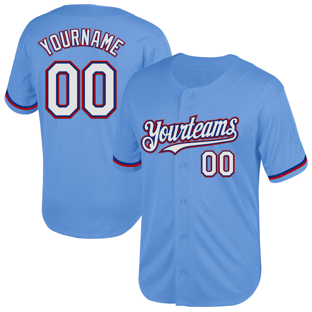 Custom Light Blue Royal-Red Mesh Authentic Throwback Baseball Jersey