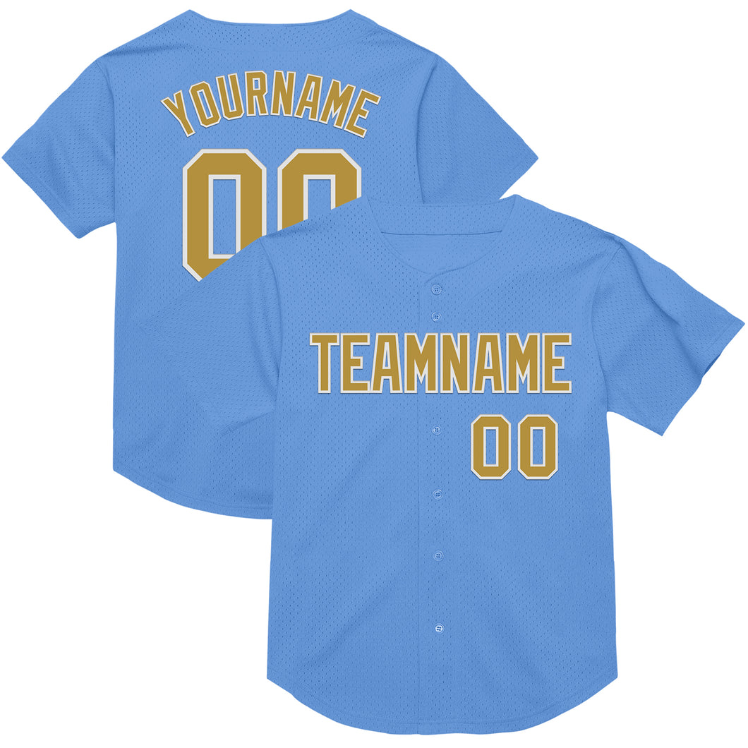 Custom Light Blue Old Gold-White Mesh Authentic Throwback Baseball Jersey