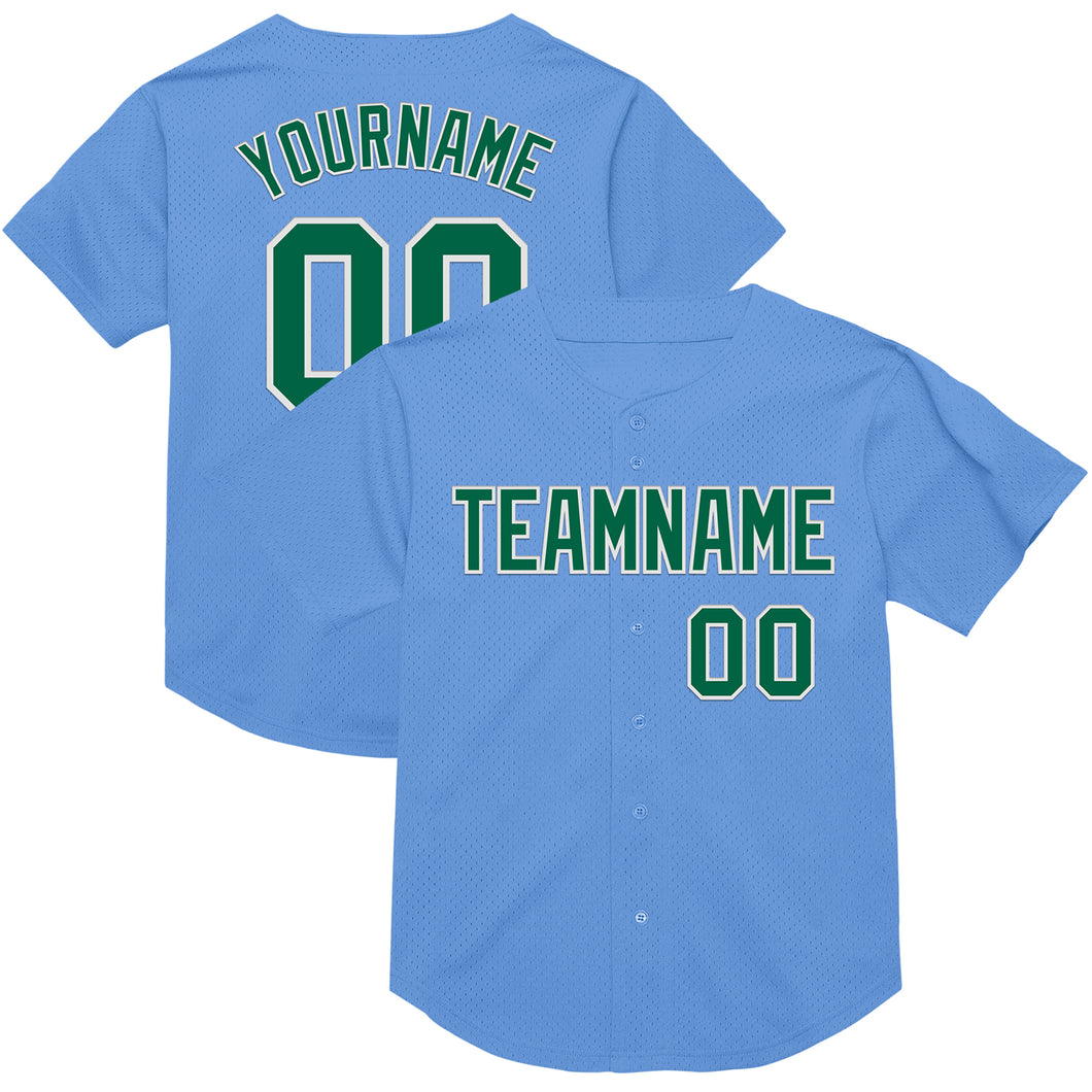 Custom Light Blue Kelly Green-White Mesh Authentic Throwback Baseball Jersey