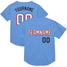 Load image into Gallery viewer, Custom Light Blue Red-Black Mesh Authentic Throwback Baseball Jersey
