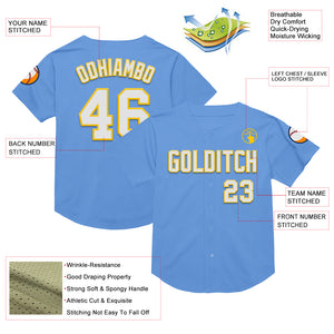 Custom Light Blue White-Yellow Mesh Authentic Throwback Baseball Jersey