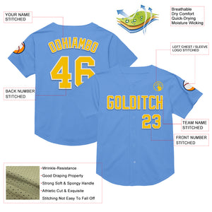 Custom Light Blue Yellow-White Mesh Authentic Throwback Baseball Jersey