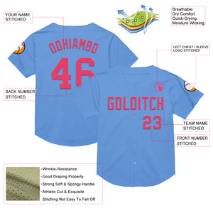 Custom Light Blue Neon Pink Mesh Authentic Throwback Baseball Jersey