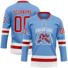 Load image into Gallery viewer, Custom Light Blue Red-White Hockey Lace Neck Jersey
