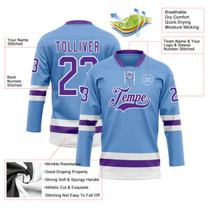 Custom Light Blue Purple-White Hockey Lace Neck Jersey