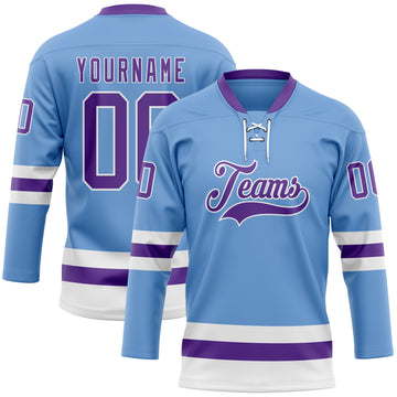 Custom Light Blue Purple-White Hockey Lace Neck Jersey