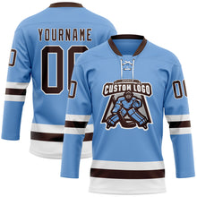 Load image into Gallery viewer, Custom Light Blue Brown-White Hockey Lace Neck Jersey
