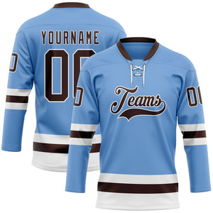 Custom Light Blue Brown-White Hockey Lace Neck Jersey