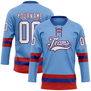 Custom Light Blue Royal-Red Hockey Lace Neck Jersey