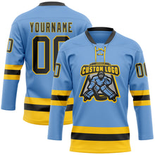 Load image into Gallery viewer, Custom Light Blue Black-Yellow Hockey Lace Neck Jersey
