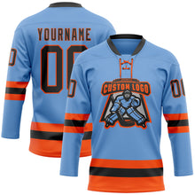 Load image into Gallery viewer, Custom Light Blue Black-Orange Hockey Lace Neck Jersey
