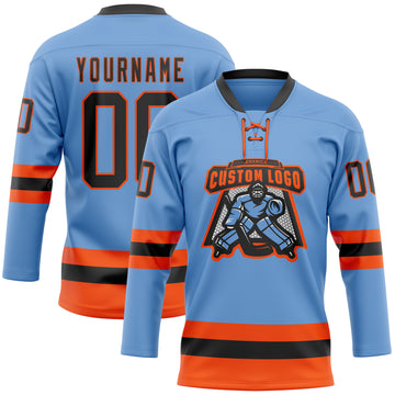 Custom Light Blue Black-Orange Hockey Lace Neck Jersey