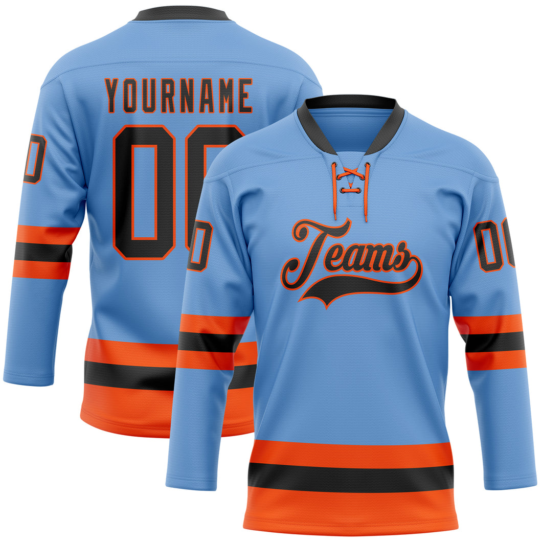 Custom Light Blue Black-Orange Hockey Lace Neck Jersey