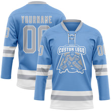 Load image into Gallery viewer, Custom Light Blue Gray-White Hockey Lace Neck Jersey
